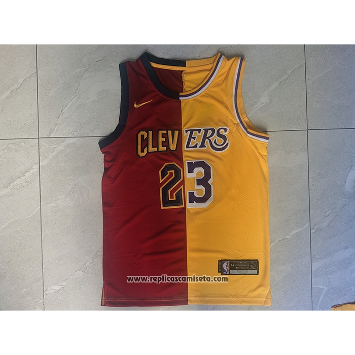 Camiseta Cleveland Cavaliers Los Angeles Lakers LeBron James #23 Split Rojo Amarillo